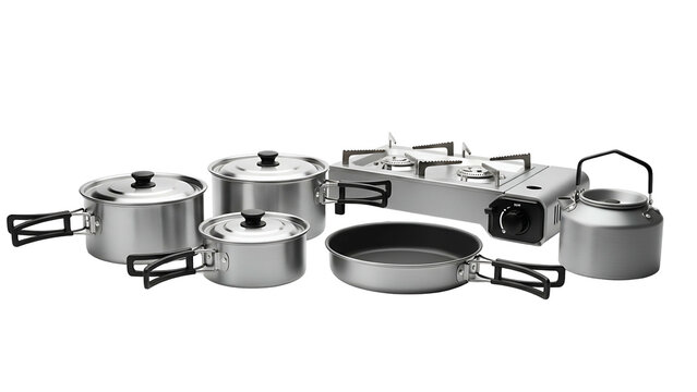 Group of stainless steel outdoor cooking implements and portable burner displayed against a solid black background