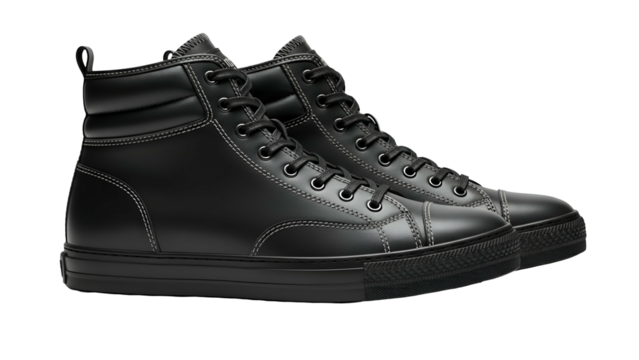 Pair of all black high top athletic shoes displayed against a dark background