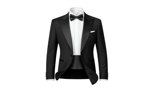 Formal evening wear ensemble displays classic masculine sophistication against a dark background