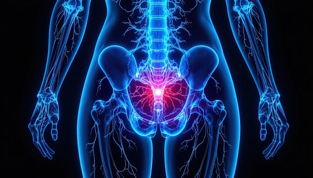 Stunning medical visualization of pelvic pain and nerve pathways for educational resources and healthcare marketing, showcasing human anatomy and pain management