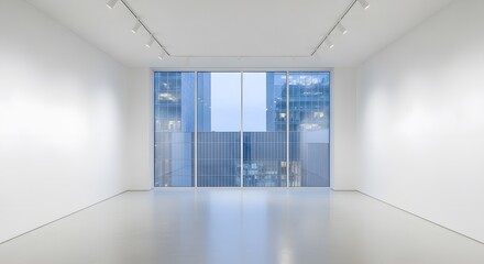 Fototapeta premium Urban Gallery Room with White Walls and City View Modern Architecture and Minimalist Interior Design Offering Contemporary Space for Art Exhibition and Visual Display