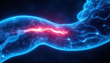 Dynamic nerve impulse with electric blue glow and red core could represent breakthrough science, cutting-edge medical technology, or innovative research