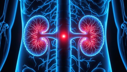 Detailed kidney anatomy illustration for medical research and healthcare visuals, depicting renal health and potential disease treatment with vibrant blue and red hues