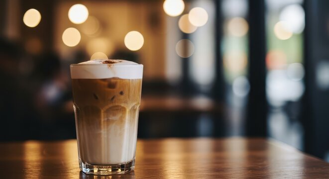 Iced layered coffee beverage stands ready on a reflective wooden surface indoors