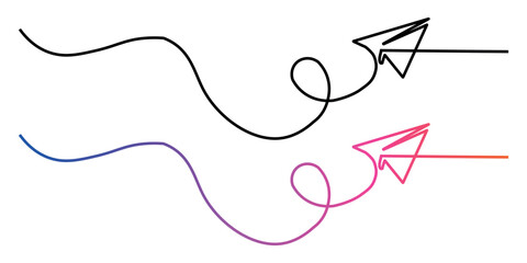 Simple continuous line drawing of paper airplanes soaring with whimsical path and vibrant gradient conveying the idea of innovation and modern communication
