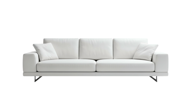 Contemporary three-seater sofa upholstered in white material stands against a solid black background