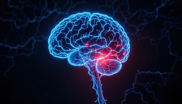 Vibrant blue brain illustration for neurology research or medical technology presentations, a modern, glowing design perfect for science and innovation themes - Powered by Adobe