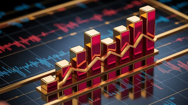 3D red and gold financial bar chart with rising trend line on digital stock market interface
