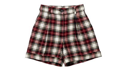 High waisted pleated woolen shorts display a prominent red white and black plaid pattern