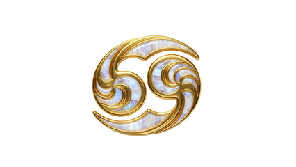 Ornate golden symbol featuring iridescent pearl inlay floats against a solid black background