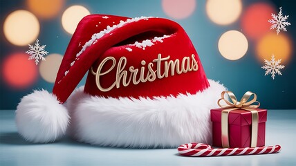 Red Santa hat with Christmas text beside gift box, candy cane, and snowflakes on festive background
