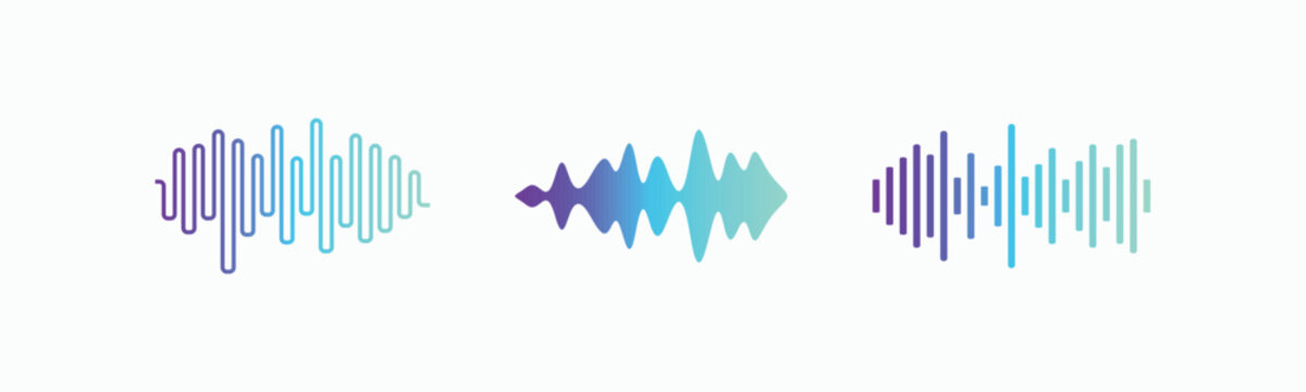 Set of colorful audio sound wave vector icons. Modern digital equalizer lines for music, podcast, voice recording, and technology concepts. Collection of abstract gradient sound waves
