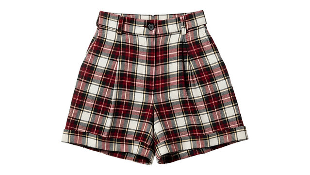 High waisted pleated woolen shorts display a prominent red white and black plaid pattern - Powered by Adobe