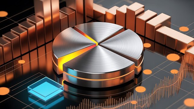 Futuristic metallic pie chart with 3D financial bars and digital data elements in abstract analytics scene
- Powered by Adobe