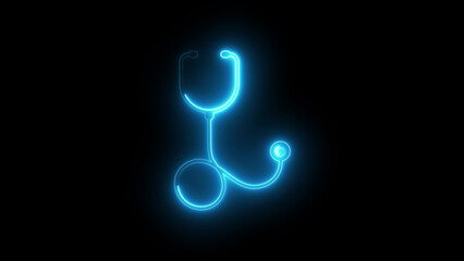 Neon stethoscope icon glowing medical symbol, futuristic healthcare sign, digital doctor tool graphic, illuminated hospital interface element for health app, 