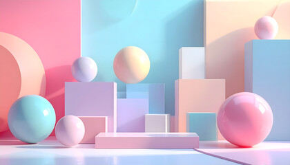 A modern surreal concept of a 3D rendered stage with pastel geometric blocks and spheres for a product showcase or presentation background