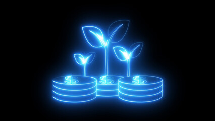 Neon seedlings planted in a field on black background, glowing young plants growth concept, digital agriculture and sustainability symbol, eco farming sprout graphic, futuristic nature