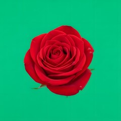 A vibrant red rose with detailed petals set against a solid green background, showcasing the beauty and elegance of this classic flower in a close-up shot