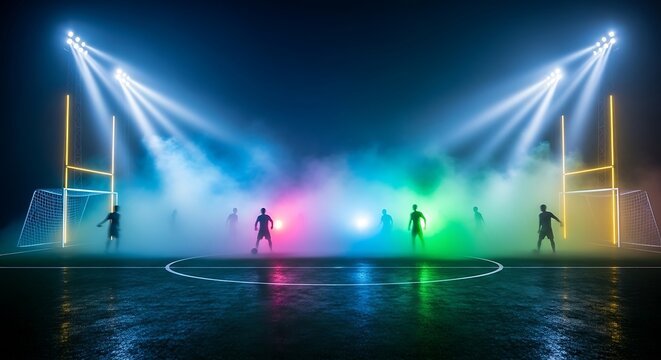 An exciting rugby match under bright stadium lights with fog and dramatic lighting players in silhouette on a wet field compete for the ball