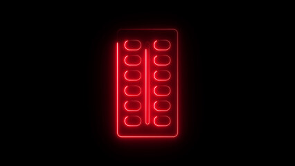 Neon capsule strip icon glowing medicine blister pack symbol, digital pharmaceutical drug graphic, bright healthcare medical pill packaging interface for pharmacy, treatment and health service