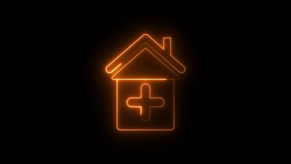 Neon hospital icon glowing healthcare building symbol, modern medical center graphic, bright emergency clinic sign for health service interface