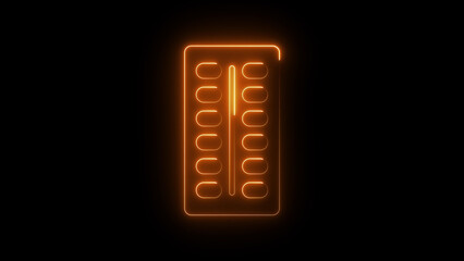 Neon capsule strip icon glowing medicine blister pack symbol, digital pharmaceutical drug graphic, bright healthcare medical pill packaging interface for pharmacy, treatment and health service