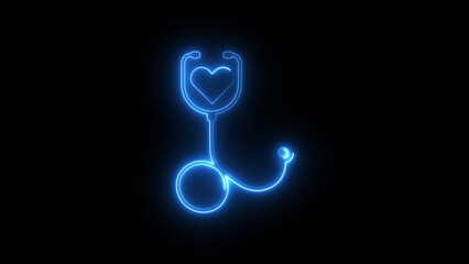 Heart icon inside neon stethoscope animation on black background, glowing medical health check symbol, modern neon cardiology and healthcare diagnostic icon for hospitals