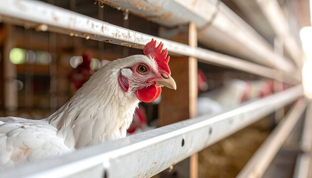 A close-up view of a white hen with a bright red comb and wattle, in a cage. Other hens can be seen in background