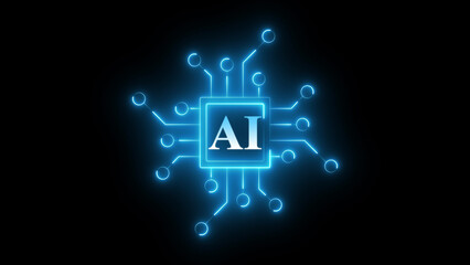Neon AI chip circuit icon glowing artificial intelligence processor symbol, futuristic digital technology board design, bright electronic chipset interface for machine learning and smart computing sys