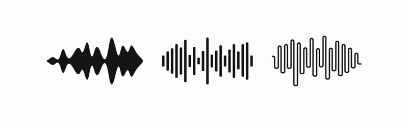 Set of black minimalist sound wave vector icons. Simple flat line and solid audio equalizer bars for music, podcast, and voice technology concepts