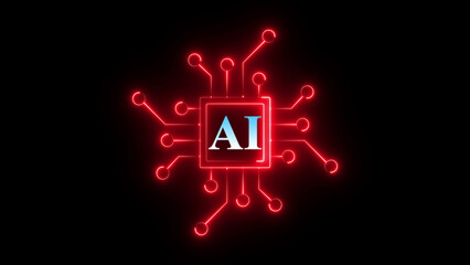 Neon AI chip circuit icon glowing artificial intelligence processor symbol, futuristic digital technology board design, bright electronic chipset interface for machine learning and smart computing sys
