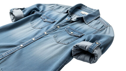 Light wash button down garment with rolled sleeves displayed against a dark background