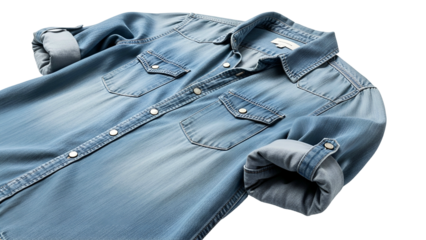 Light wash button down garment with rolled sleeves displayed against a dark background