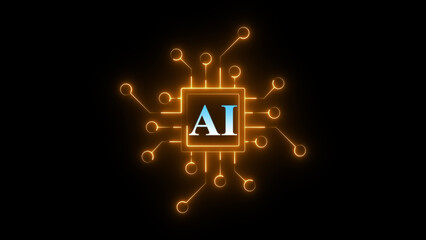 Neon AI chip circuit icon glowing artificial intelligence processor symbol, futuristic digital technology board design, bright electronic chipset interface for machine learning and smart computing sys