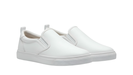 Pair of clean white casual slip on footwear displayed against a dark background