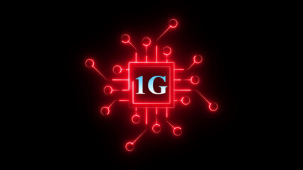 Neon 1G chip circuit icon glowing mobile network symbol, digital communication technology chipset graphic, bright electronic board interface for wireless connectivity and telecom system