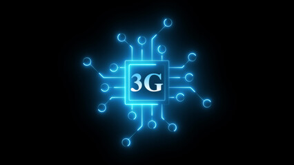 Neon 3G chip circuit icon glowing mobile network processor symbol, digital communication technology chipset graphic, bright electronic board interface for wireless connectivity and telecom system