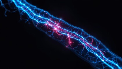 Futuristic lightning bolt energy pulsing with vibrant blue and pink light on a dark background, dynamic power surge for technology concepts and innovation