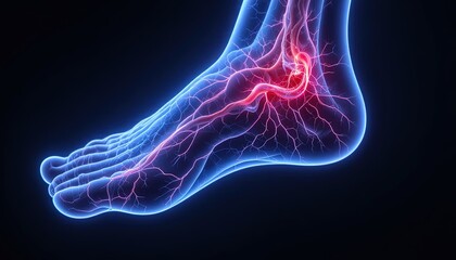 Striking foot nerve illustration for medical research or pain management solutions, highlighting podiatry issues and detailed anatomical structure