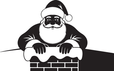 Santa Claus on the roof going down the chimney silhouette. Vector illustration of a traditional Christmas character delivering gifts. 