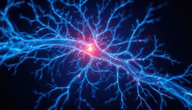 Glowing neuron transmits signals in a vibrant neural network, perfect for medical research, biotech, or scientific publications about cognitive function