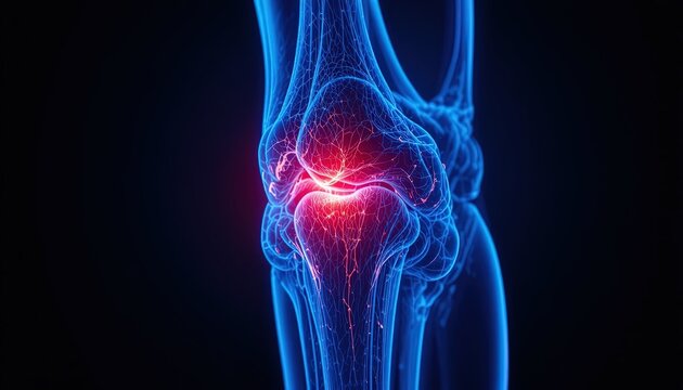 Knee joint pain illustration for medical research, showing inflammation and discomfort, ideal for health campaigns or orthopedic education materials.