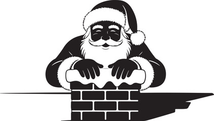 Santa Claus on the roof going down the chimney silhouette. Vector illustration of a traditional Christmas character delivering gifts. 