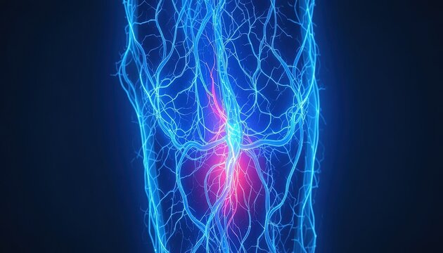 Stunning blue neural network with glowing red center for high-tech, science, or medical concepts and designs, ideal for futuristic visuals