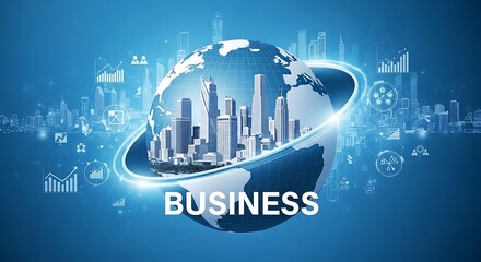 Global business network and technology concept with a futuristic cityscape and data analytics, symbolizing international connections and digital transformation