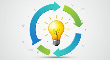 Glowing illumination bulb centered within a continuous circular flow diagram made of gradient arrows