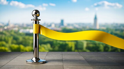 Yellow barrier ribbon with metal post outdoors symbolizing restriction and safety area

