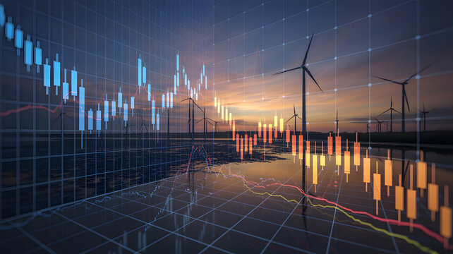 Innovative wind farm investment analysis with rising energy stock market trends, showing powerful renewable energy growth and financial insights