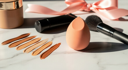 A makeup beauty sponge, brush, and foundation products are arranged with foundation swatches in various skin tones on a white marble surface, highlighted by sunlight