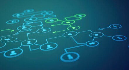 Glowing digital flowchart illustrates complex organizational structure and connection paths